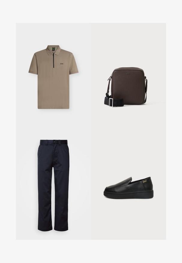 Polo tričko s krátkym rukávom v taupe farbe so zipsom vpredu a malým logom "BOSS" na ľavej strane hrudníka na svetlosivom pozadí.; Námornícke modré nohavice vyrobené z hladkej látky, s rovným strihom, pútkami na opasok, zapínaním na gombík a prednými vreckami.; Čierna kožená slip-on obuv s hrubou podrážkou a malými bočnými ventilačnými otvormi, so zlatým logom "HUGO" pri päte.; Kompaktná hnedá kožená crossbody taška s čiernym nastaviteľným popruhom a striebornými prackami, s vyrazeným logom BOSS v strede vpredu.