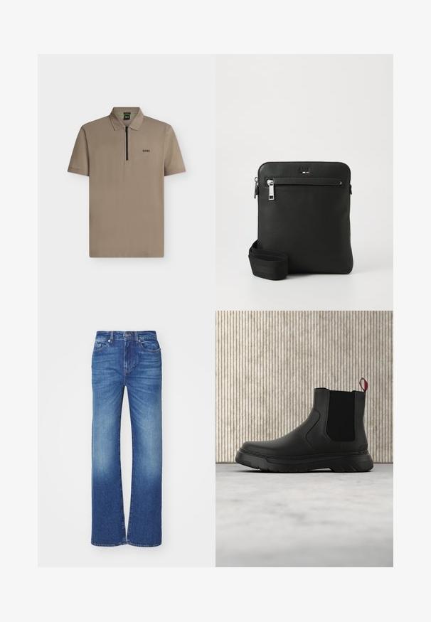 Polo taupe à manches courtes avec fermeture éclair à l'avant et petit logo "BOSS" sur la poitrine gauche sur fond gris clair.; Jean en denim bleu avec une coupe droite, présentant un lavage décoloré, cinq poches, et une fermeture à bouton et zip à la taille.; Bottines noires avec une finition lisse, des panneaux latéraux élastiques et une languette rouge contrastante, présentant une semelle en caoutchouc épaisse et un bout arrondi.; Sac bandoulière en cuir noir avec un design plat, surface texturée, fermeture éclair, poche avant et une sangle en tissu ajustable.