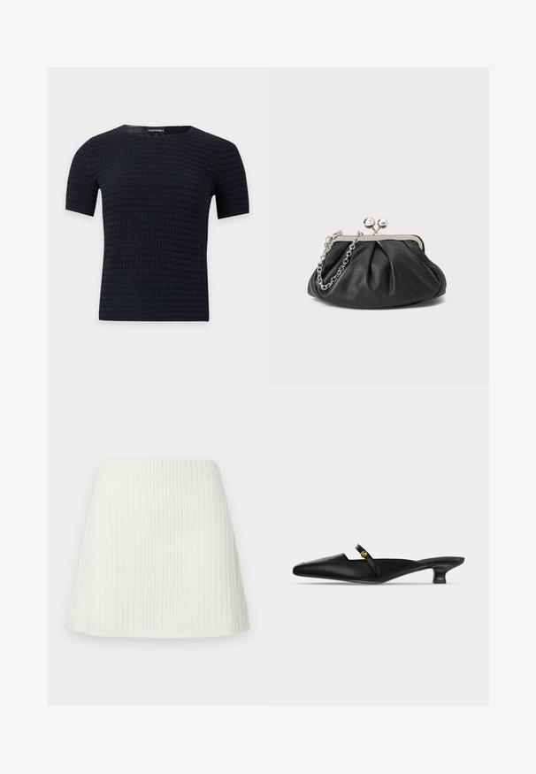 Sort kortærmet skjorte med subtilt horisontalt tekstureret mønster og rund halsudskæring, vist på en ensfarvet lys baggrund.; Kort hvid ribbede strikket miniskirt med høj talje og let flare ved kanten.; Sort mule med spids tå, lav kittenhæl og tynd rem over vristen med en lille guldknapdetalje.; Sort læder clutch med samlet tekstur, sølvfarvet metalramme, kys-lås lukning og kædestrop. Glat, blød overflade.