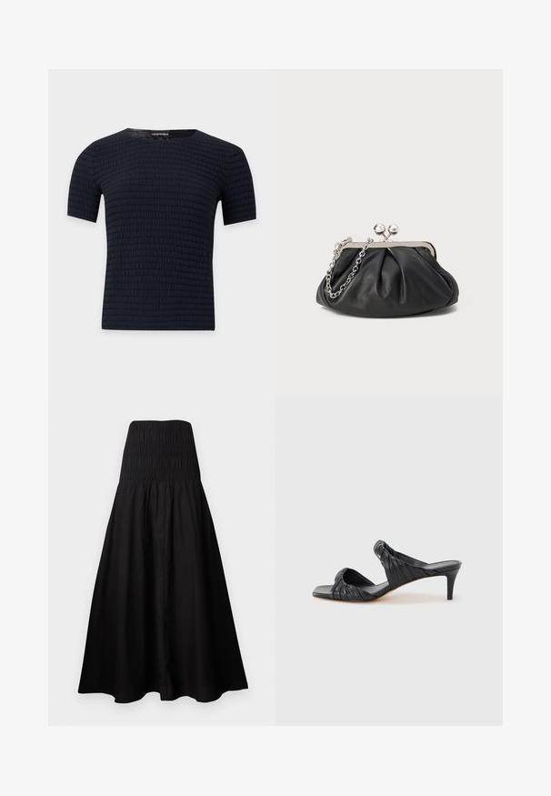 Chemise noire à manches courtes avec un motif texturé horizontal subtil et un col rond, présentée sur un fond clair uni.; Robe midi noire sans bretelles avec corsage froncé ajusté et jupe évasée, en tissu léger.; Sandales à talons noirs avec un bout carré, fabriquées en cuir lisse. Elles présentent des brides froncées et un talon fin pour plus d'élévation.; Porte-monnaie en cuir noir avec texture froncée, cadre en métal argenté, fermeture à verrouillage kiss-lock et bandoulière en chaîne. Surface lisse et douce.