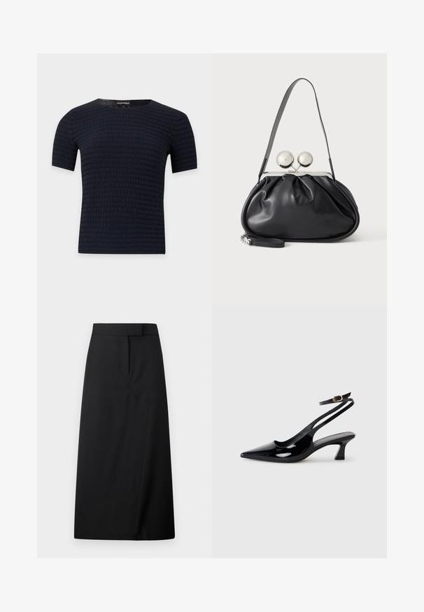 Chemise noire à manches courtes avec un motif texturé horizontal subtil et un col rond, présentée sur un fond clair uni.; Jupe midi noire taille haute avec un devant épuré, un détail de couture subtil et un ourlet droit sur un fond clair.; Escarpins à brides arrière en cuir verni noir, à bout pointu, avec un petit talon carré et une sangle de cheville ajustable dotée d'une boucle dorée.; Sac à main en cuir noir avec un design plissé, une sangle unique, un cadre métallique argenté et deux grandes fermoirs ronds en argent.