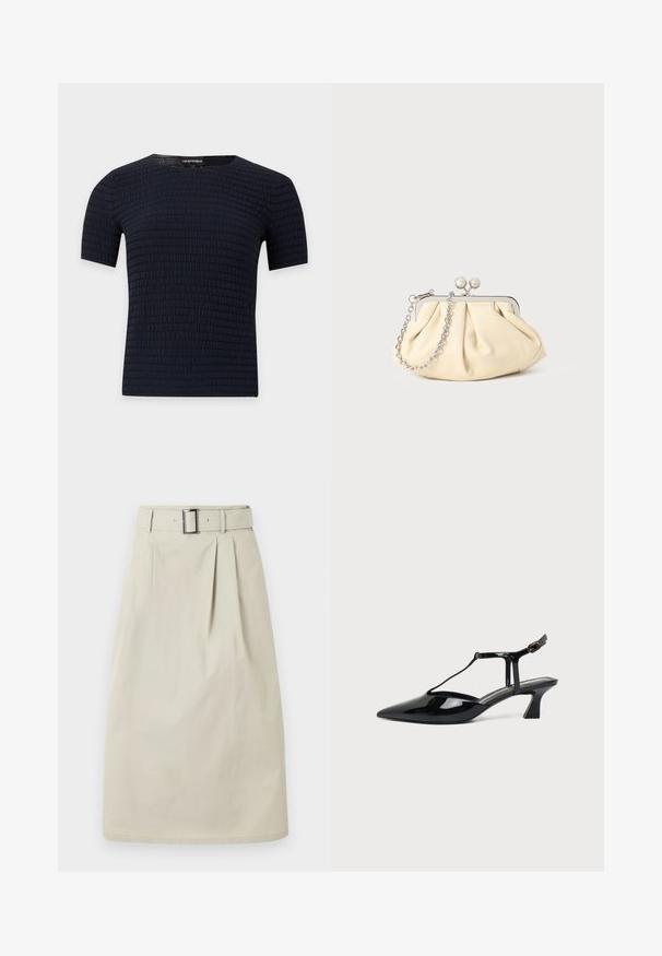 Chemise noire à manches courtes avec un motif texturé horizontal subtil et un col rond, présentée sur un fond clair uni.; Jupe beige longueur genou avec pli avant et ceinture assortie dotée d'une boucle rectangulaire argentée, présentée sur un fond uni.; Chaussure slingback en cuir verni noir à bout pointu avec bride en T et petit talon bloc incliné sur fond blanc.; Pochette en cuir beige plissé avec un cadre en métal argenté, dotée de deux fermoirs ronds décoratifs et d'une chaîne en argent.