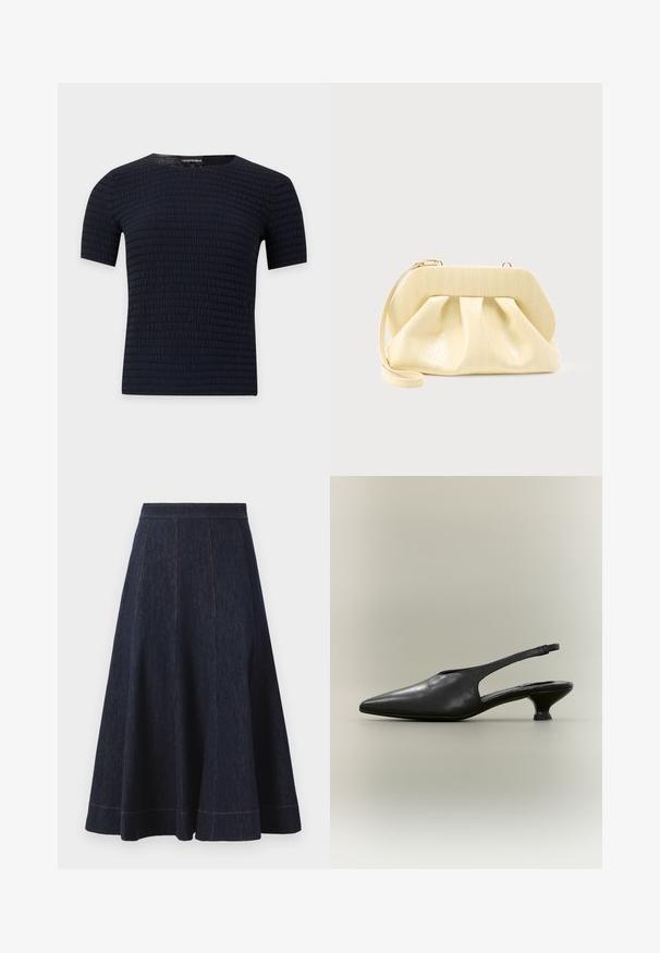 Chemise noire à manches courtes avec un motif texturé horizontal subtil et un col rond, présentée sur un fond clair uni.; Jupe en denim bleu foncé avec une silhouette évasée, présentant des détails de couture verticaux et des coutures orange contrastantes le long de l'ourlet.; Chaussure à bride arrière en cuir noir avec bout pointu et petit talon bas sur fond neutre.; Pochette en cuir couleur crème avec un cadre supérieur structuré et une lanière pour poignet, présentée sur un fond clair uni.