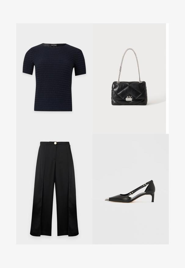 Chemise noire à manches courtes avec un motif texturé horizontal subtil et un col rond, présentée sur un fond clair uni.; Pantalon large noir à taille haute, avec plis sur le devant, fentes latérales et fermeture par bouton doré.; Escarpin en cuir noir à petit talon en forme de kit avec embout pointu argenté et doubles sangles à boucle sur fond blanc.; Sac à main en cuir matelassé noir avec bandoulière chaîne argentée et logo argenté Armani Exchange sur le rabat avant.