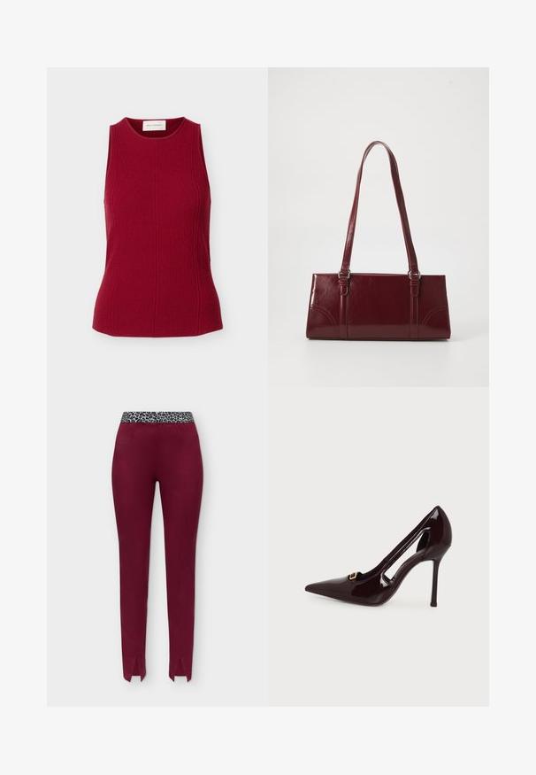Haut rouge sans manches avec texture, encolure ronde et détails de coutures verticales ajustées, présenté sur un fond blanc uni.; Pantalon slim bordeaux avec fentes sur le devant des jambes et une ceinture élastique imprimé léopard sur fond uni.; Escarpin en cuir verni bordeaux foncé à talon haut avec bout pointu, découpe latérale et petit détail boucle dorée sur fond uni.; Sac à main bordeaux en matériau brillant, de forme rectangulaire, avec deux anses et des accents légèrement courbés à l'avant.