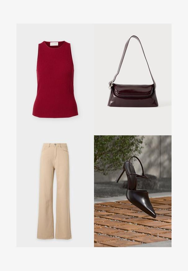 Haut rouge sans manches avec texture, encolure ronde et détails de coutures verticales ajustées, présenté sur un fond blanc uni.; Pantalon beige taille haute, jambes larges, fermeture à boutons devant, poches avant et arrière, présenté sur fond blanc.; Mule noire brillante à talons hauts avec bout pointu et bride à la cheville, suspendue au-dessus d'une surface carrelée en terre cuite avec des interstices remplis de gravier.; Sac à bandoulière en cuir bordeaux foncé avec fermeture à rabat et une fine sangle réglable, présenté sur un fond clair uni.