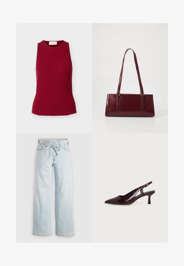 Top rojo sin mangas con textura, cuello redondo y detalles de costuras verticales ajustadas, exhibido sobre un fondo blanco liso.; Jeans de tiro alto de color azul claro, de pierna ancha, con lazo en la parte delantera, diseño clásico de cinco bolsillos y un sutil detalle de desgaste en las piernas. Material de denim.; Salón de mujer con talón de tira de cuero marrón oscuro, puntera puntiaguda, tacón bajo de tipo «kitten» y correa ajustable con hebilla dorada, mostrado sobre fondo blanco.; Bolso burdeos hecho de material brillante, de forma rectangular, con dos asas para el hombro y sutiles acentos curvados en la parte frontal.