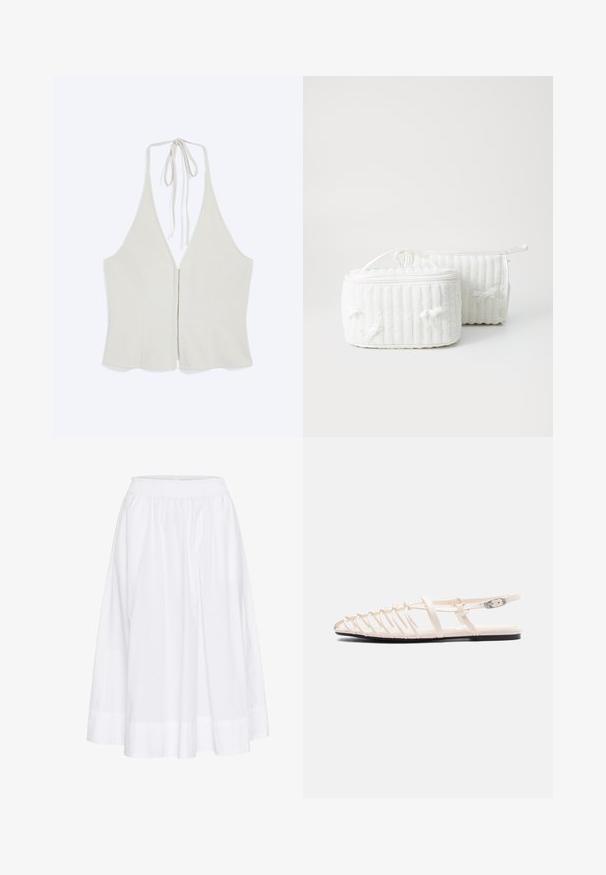 Haut blanc à col licou avec un décolleté en V profond, taille cintrée et liens au niveau du cou, présenté à plat sur un fond blanc.; Jupe blanche mi-longue en tissu léger, dotée d'une taille élastique et d'un design fluide avec une texture subtile.; Sandale beige plate avec plusieurs fines lanières, boucle à la cheville et semelle noire vue de côté sur fond blanc.; Deux pochettes cosmétiques blanches en textile, l'une rectangulaire avec une poignée supérieure, présentant une texture nervurée et de petits nœuds sur les côtés. L'autre est cylindrique.