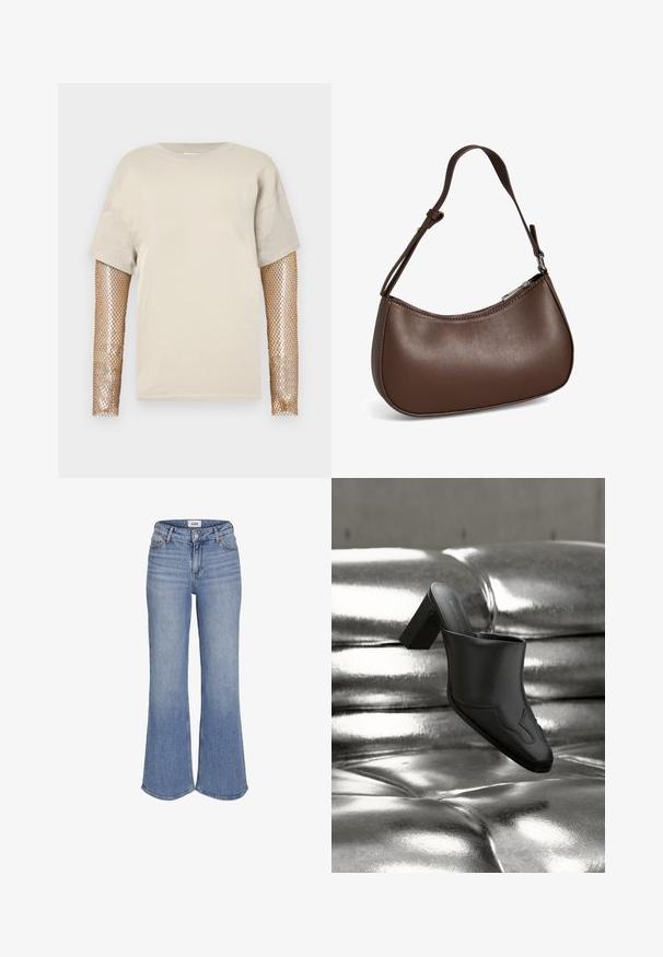 Beige kortærmet T-shirt med metallisk guld fiskenet lange ærmer. Stoffet er glat, og designet inkluderer en rund halsudskæring.; Højtaljede, lyseblå denimjeans med vide bukseben og frontknaplukning.; Sort lædermule med blokhæl hvilende på en skinnende sølvpolstret overflade, der fremhæver dens elegante design og buede detaljer.; Lille brun skuldertaske i læder med justerbar rem og lynlåslukning, vist mod hvid baggrund. Ingen synligt branding eller dekorationer.