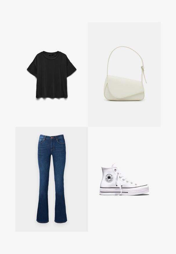 Zwart katoenen T-shirt met korte mouwen en ronde hals, plat neergelegd op een witte achtergrond.; Uitlopende blauwe denim jeans met een middelhoge taille, voorzien van voor- en achterzakken, oranje stiksels en een knoopsluiting.; Witte Converse Chuck Taylor All Star sneaker met hoge schacht, zwarte strepen en logo-patch aan de zijkant, weergegeven tegen een effen witte achtergrond.; Witte nepleren handtas met een gestructureerde driehoekige vorm, een enkele verstelbare schouderriem en een klep met ronde accenten.