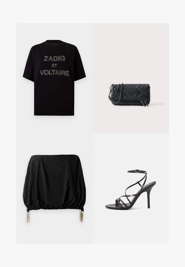 Sort T-shirt med korte ærmer med "ZADIG ET VOLTAIRE" stavet i flerfarvede rhinsten tværs over brystet.; Sort cropped top med en samlede design, med elastisk kant og metalliske clips som detaljer. Fremstillet af et letvægtsstof.; Sort højhælet sandal med tynde stropper, en ankelspænde, en glat læderoverflade og en slank stilethæl.; Sort quiltet læderclutch med vingeemblem, sølvkæde-rem og dobbeltdetalje med lynlås på en ensfarvet hvid baggrund.