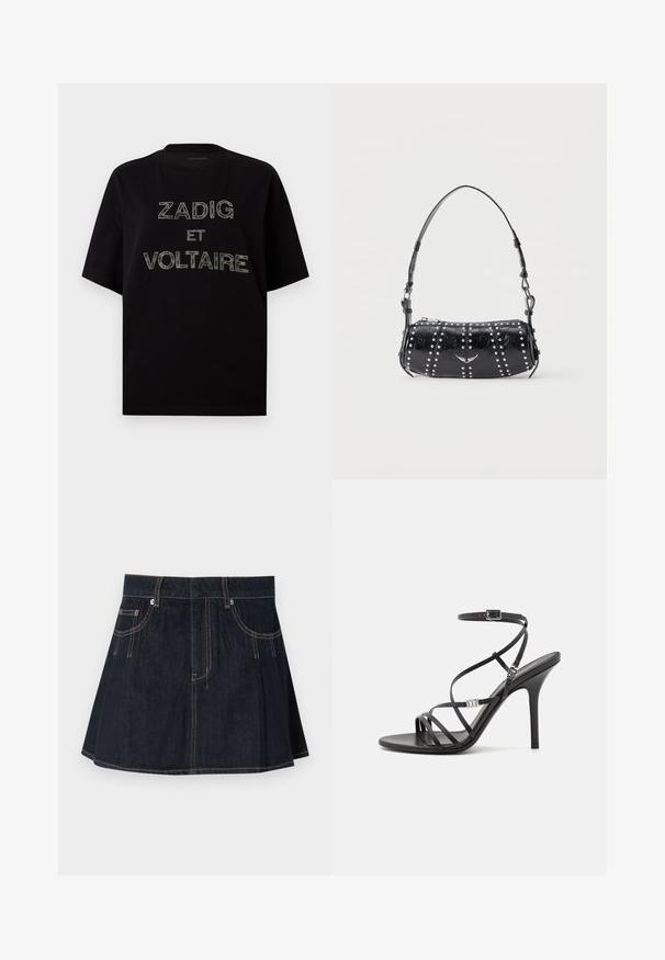 Zwart T-shirt met korte mouwen en "ZADIG ET VOLTAIRE" geschreven in meerkleurige strassteentjes over de borst.; Denim rok in donkerblauw, met een uitlopende uitstraling, riemlussen, voorzakken en contrasterende stiksels langs de naden.; Zwarte hoge hakken sandaal met dunne banden, een enkelgesp, een gladleren oppervlak en een slanke stilettohak.; Zwarte lakleren schoudertas met zilveren studs in verticale rijen en een klein zilveren vogel-embleem in het midden aan de voorkant.