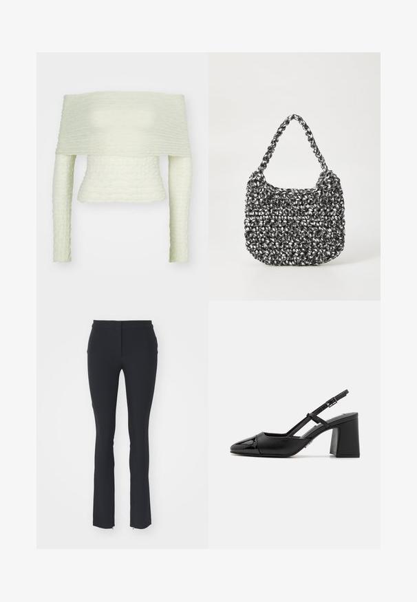 Haut décolleté en vert clair, mettant en avant un tissu froncé texturé, des manches longues et une coupe ajustée, créant une silhouette structurée.; Pantalons noirs extensibles avec un design ajusté, présentant une texture lisse, une coupe droite et de petites fermetures éclair sur le côté à l'ourlet.; Escarpin en cuir verni noir à talon bloc avec un bout pointu et une bride réglable. Texture lisse et design minimaliste.; Sac en osier noir et blanc de forme arrondie, avec une surface texturée et une poignée tressée. Convient à un usage décontracté.
