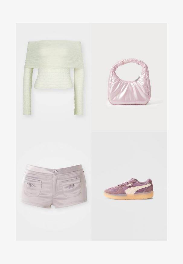 Haut décolleté en vert clair, mettant en avant un tissu froncé texturé, des manches longues et une coupe ajustée, créant une silhouette structurée.; Shorts violet clair en tissu lisse et brillant, avec deux poches à l'arrière et une fermeture à bouton à l'avant avec une taille plate.; Baskets en suède violet avec une bande en cuir couleur crème, semelle en caoutchouc et col rembourré. Dotées de lacets et d'un logo sur la languette.; Sac à main rose rembourré avec un design arrondi, fabriqué à partir d'un matériau brillant. Dispose d'une poignée froncée et d'une fermeture éclair pour un accès sécurisé.
