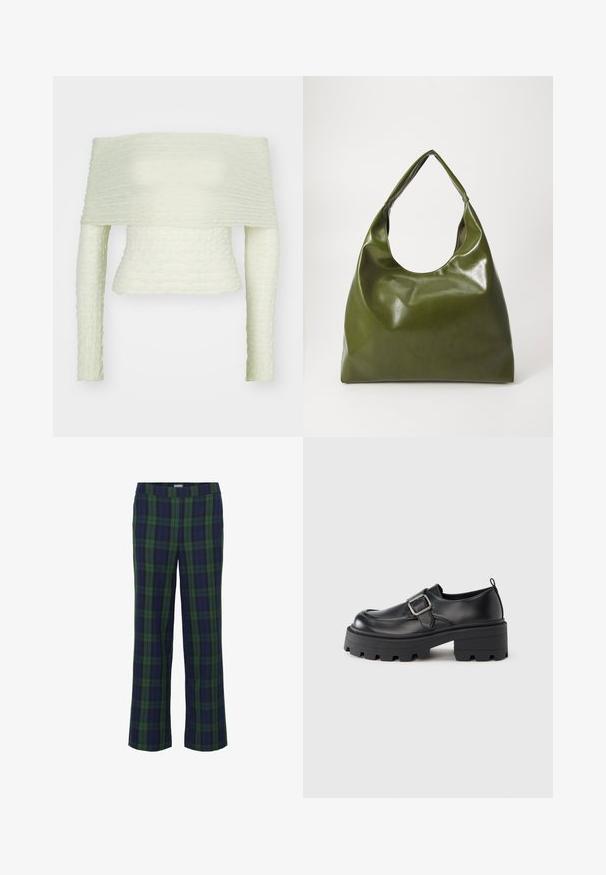 Top off-the-shoulder en verde claro, con tejido arrugado texturizado, mangas largas y un diseño ajustado, creando una silueta estructurada.; Pantalones a rayas en verde y azul marino con un diseño de pierna recta y una cintura elástica. La tela tiene una textura suave y presenta un clásico patrón de cuadros.; Zapatos de plataforma de cuero negro con punta redonda, un amplio detalle de hebilla en el lateral y suela de goma texturizada.; Bolsa hobo verde de cuero con un diseño suave, asa curvada y textura lisa. No contiene hardware visible ni acentos.