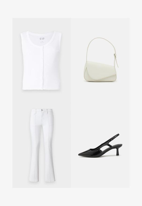Hvid ribbet tanktop med en rund udskæring, med en knappelukning foran. Stoffet er blødt med en glat struktur. Mærke: GAP. Størrelse: S.; Hvide denim flare jeans med høj talje, der har kontrastsyninger, forlommer og lynlås. Glat, holdbart stof med god tekstur.; Sorte slingback hæle med spidse tæer, lavet af blankt materiale, med udskæringsdetaljer og en moderat hæl for støtte.; Hvid taske i faux læder med en struktureret trekantet form, enkelt justerbart skulderstrop og en flaplås med kurver.