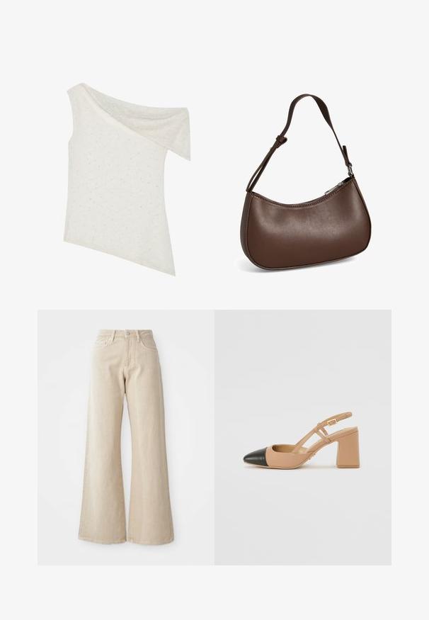 Top off-the-shoulder en color crema, hecho de un tejido texturizado con patrones de puntos sutiles, dobladillo asimétrico y escote drapeado.; Jeans de mezclilla anchos en color beige, con una cintura alta, bolsillos frontales y un diseño liso sin patrones ni acentos.; Zapato slingback beige con puntera negra, tacón cuadrado alto y dos correas decorativas, fabricado en material suave.; Pequeño bolso bandolera de cuero marrón con correa ajustable y cierre de cremallera, mostrado sobre un fondo blanco. Sin logotipos ni adornos visibles.