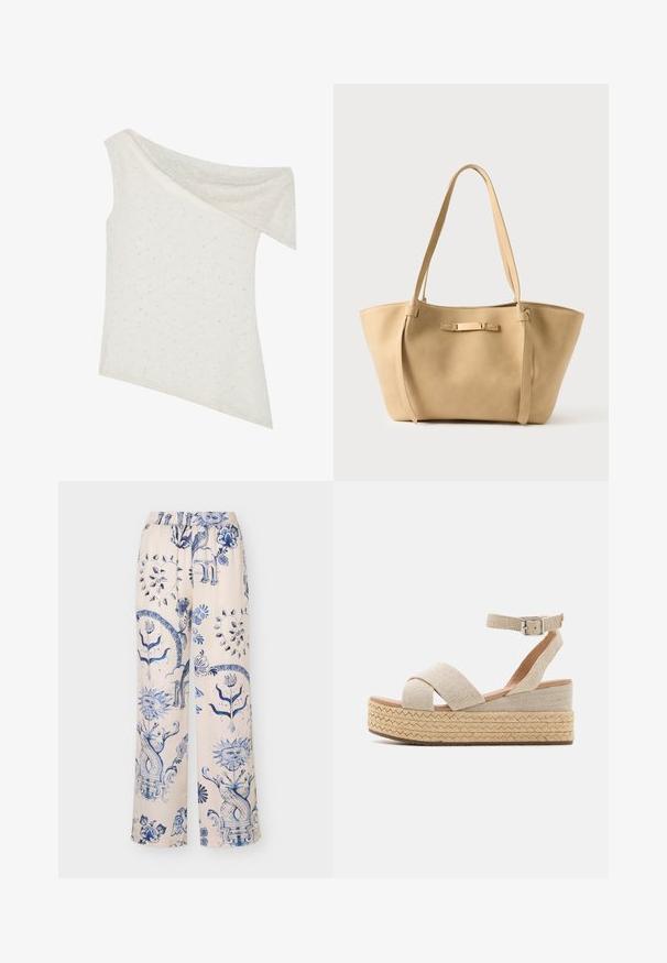 Off-the-shoulder top i creme, lavet af tekstureret stof med subtile prikkemønstre, asymmetrisk kant og draperet halsudskæring.; Beige bukser med vide ben med blå indviklede mønstre, herunder hjerter, blomster, en sol med ansigt, fugle og en slangelignende skabning.; Beige espadrille platform sandaler med vævet tekstiloverdel, krydsede stropper, ankelspænde og struktureret jute-indpakket sål.; Beige lædernettaske med to lange stropper, glat tekstur og en diskret metalaccent på forsiden. Åben topdesign, rummeligt indre.
