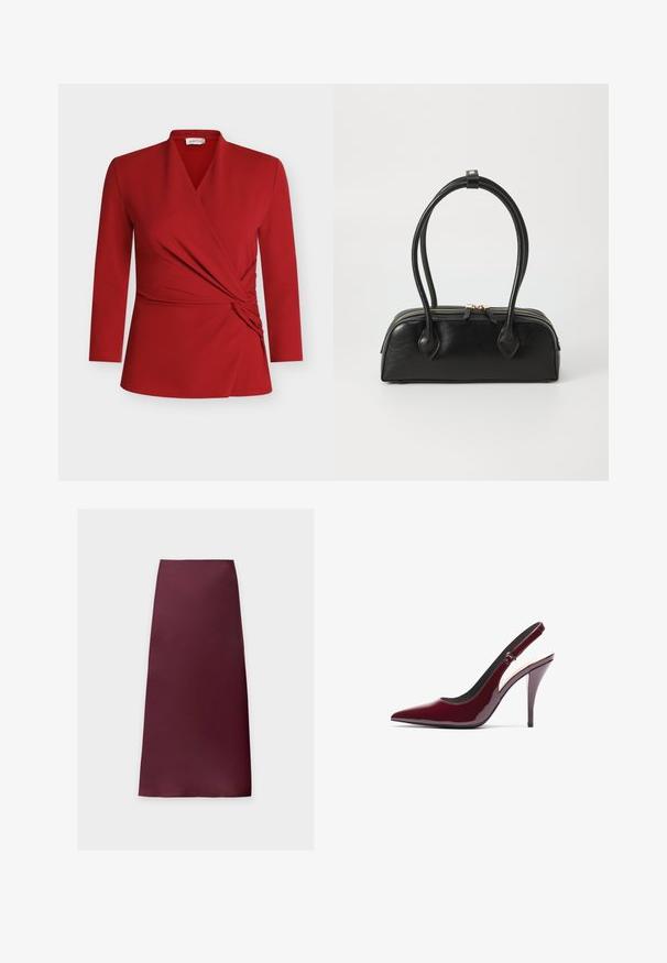 Haut cache-cœur rouge à manches longues, doté d'un col en V, d'un détail froncé sur le côté et d'une texture lisse. Confectionné dans un matériau léger et extensible.; Jupe midi droite de couleur bordeaux foncé unie, en tissu lisse sans motifs ni ornements visibles.; Escarpin à talon aiguille en cuir verni bordeaux avec un bout pointu et une texture lisse et élégante. Détail de sangle ajustable.; Sac à main en cuir noir avec deux anses allongées, fermeture éclair et forme arrondie ; texture lisse avec une finition légèrement brillante.