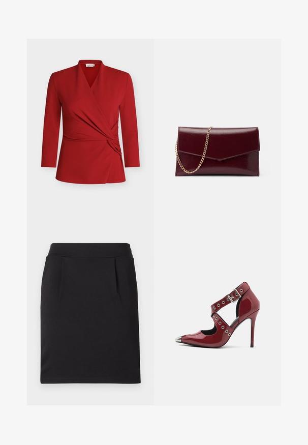 Top rojo de manga larga con cruzado, que presenta un escote en V, detalle fruncido en el lateral y textura suave. Hecho de material ligero y elástico.; Falda lápiz negra hasta la rodilla con una cinturilla amplia y sutiles pinzas frontales, hecha de tela suave.; Zapato de tacón alto de charol rojo con diseño cortado, ojales circulares plateados y punta afilada, que cuenta con un acento metálico en la punta.; Bolso de mano de cuero burdeos con un diseño plano y elegante. Cuenta con una correa de cadena dorada y un cierre angular de solapa. Textura suave con un brillo sutil.