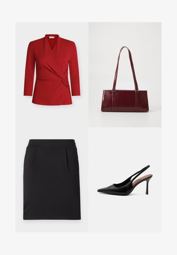 Haut cache-cœur rouge à manches longues, doté d'un col en V, d'un détail froncé sur le côté et d'une texture lisse. Confectionné dans un matériau léger et extensible.; Jupe crayon noire longueur genou avec une large ceinture et de subtils plis devant, faite en tissu lisse.; Chaussure slingback à talon haut en cuir noir à bout pointu avec talon aiguille fin et bride arrière ouverte sur fond blanc.; Sac à main bordeaux en matériau brillant, de forme rectangulaire, avec deux anses et des accents légèrement courbés à l'avant.