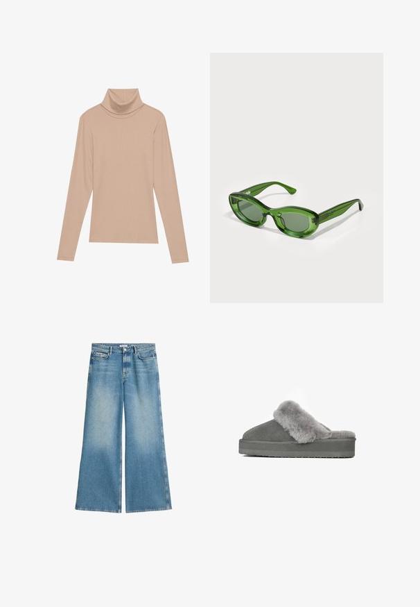 Top de punto beige de manga larga y cuello alto, mostrado plano sobre un fondo claro.; Jeans de pierna ancha en denim azul claro, con un lavado desgastado, dos bolsillos delanteros y un cierre de botón estándar.; Zapatilla gris con parte superior de ante y un suave forro de piel de piel, diseño de punta abierta y una suela gruesa y texturizada para mayor comodidad y soporte.; Gafas de sol de plástico verde con forma ovalada, montura gruesa y lentes verde oscuro. Presentan brazos delgados y transparentes con una marca sutil.