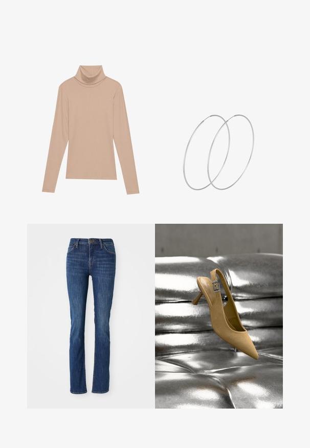 Beige lange mouw ribgebreide coltrui met een hoge kraag, plat weergegeven op een lichte achtergrond.; Blauwe straight-leg jeans met lichte vervaging, voorzakken, riemlussen en een knoopsluiting op een witte achtergrond.; Beige suède slingback kitten heel schoen met een zilveren gesp, gepositioneerd boven een glanzend metalen getuft oppervlak.; Zilveren hoepel oorbellen met een minimalistisch ontwerp. Cirkelvormig, gladde textuur en dun profiel. Lichtgewicht met een gepolijste afwerking.