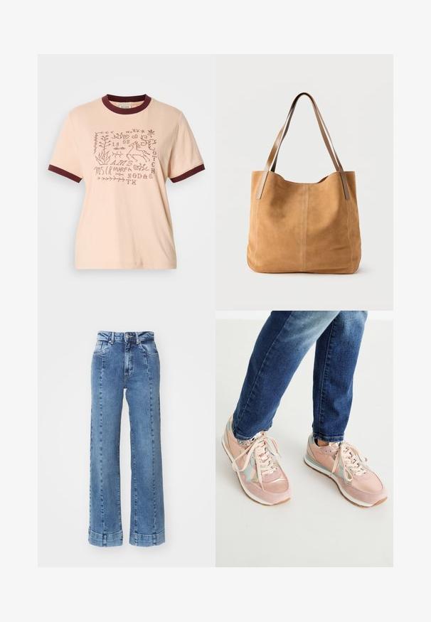 T-shirt en coton pêche pâle avec col et manches côtelés bordeaux. Présente des designs brodés incluant des plantes et un cheval.; Jean large en denim bleu clair avec une taille haute, présentant des poches avant et des coutures décoratives. L'ourlet est roulé et cousu.; Baskets roses en matières suédé et cuir, avec des accents bleu clair, bout arrondi et semelles en caoutchouc blanches. Les lacets sont beige.; Sac fourre-tout en daim beige avec de longues anses en cuir marron clair, texture douce et couture simple sur un fond blanc uni.