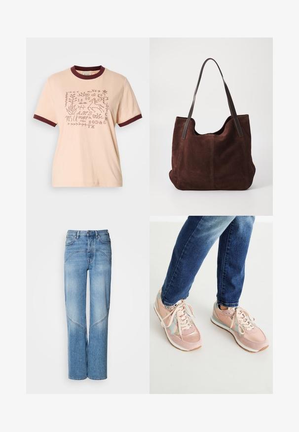 Lys ferskenfarvet bomulds T-shirt med bordeaux ribbet krave og ærmer. Har broderede motiver, herunder planter og en hest.; Lyseblå denimjeans har en afslappet pasform, brede ben og buede syninger. Stoffet har en glat tekstur med let falmning.; Lyserøde sneakers lavet af ruskind og læder, med lyseblå accenter, rund tå og hvide gummisåler. Snørebåndene er beige.; Brun ruskind tote taske med to mørke læder skulderremme. Blød tekstur, afrundet top og et rummeligt interiør. Ingen synlig hardware eller pynt.