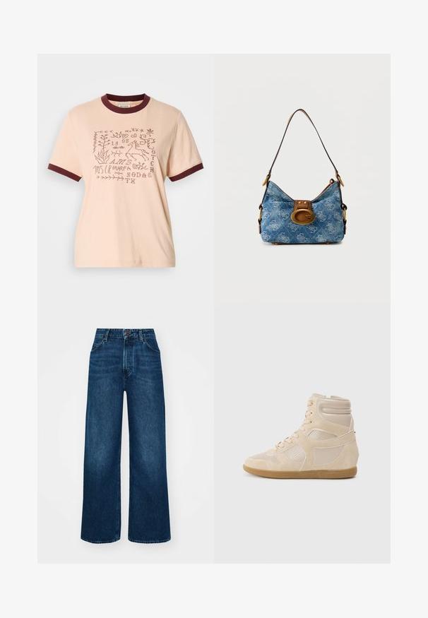 Lys ferskenfarvet bomulds T-shirt med bordeaux ribbet krave og ærmer. Har broderede motiver, herunder planter og en hest.; Højtaljede, brede jeans i mørkeblå denim med en glat tekstur, kontrastsyninger og design med fem lommer. Lukning foran med knap.; Beige høj-top sneakers lavet af glat læder og ruskindsmaterialer. Perforerede paneler, tonede stikninger og en gummisål.; Blå denim skuldertaske med brun læderrem, guldfarvet hardware og en stor oval "G" lås på frontklappen.