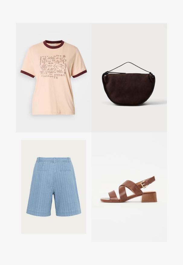Lys ferskenfarvet bomulds T-shirt med bordeaux ribbet krave og ærmer. Har broderede motiver, herunder planter og en hest.; Lysblå stribede shorts med lige snit, der har to baglommer og en opkrøllet kant. Fremstillet af et blødt, struktureret stof.; Brune læderhælede sandaler med et krydsrem-design og en spænde-lukning, med en blokhæle og en glat, tekstureret finish.; Brun suedetasker med en halvcirkelform, udstyret med en tynd sort rem og en lynlåslukning i toppen. Ingen fremtrædende logo synligt.
