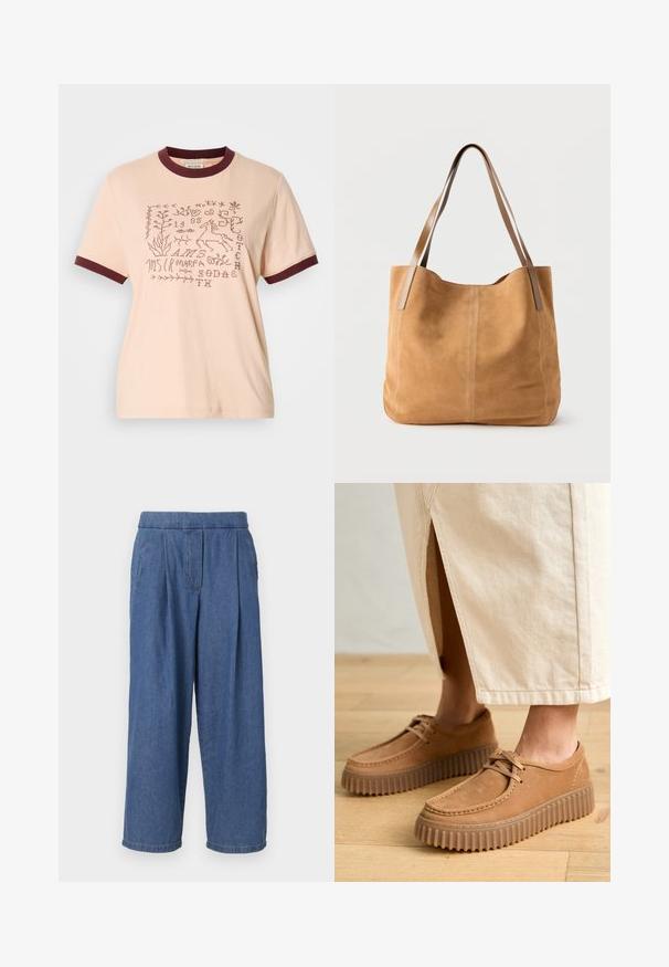 Lys ferskenfarvet bomulds T-shirt med bordeaux ribbet krave og ærmer. Har broderede motiver, herunder planter og en hest.; Blå denim bredbenede bukser med en afslappet pasform, der har en knapfri talje, frontfolder og to sidelommer.; Brune lædersko med en tekstureret overflade, rund tå og tykke, ribbede såler. Snøre og syningsdetaljer forbedrer designet.; Beige ruskindtaske med lange lysebrune læderstropper, blød tekstur og enkel syning på en ensfarvet hvid baggrund.