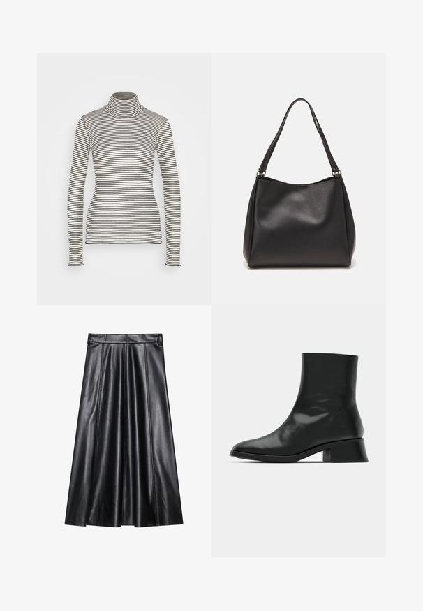 Anna Field Langærmet T-shirt - beige/black; Sort læder A-formet nederdel med plisseringer, der har en glat tekstur, tætsiddende talje og synlige sømdetaljer. Ingen ekstra accenter.; Sort ankelstøvle lavet af blank læder, med et strømlinet design, spids tå og en moderat blokhælhøjde for stabilitet.; Sort syntetisk lædertaske med blød tekstur, hobo-form og dobbelte skulderremme; har en blank overflade og minimalistisk design.
