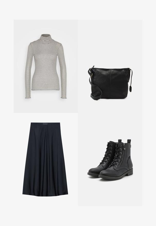 Anna Field by Zalando Langærmet T-shirt - beige/black; Sort, knælang nederdel lavet af letvægtsstof med et svævende design. Har en glat tekstur og subtile plisseringer for en ekstra detalje.; Sorte ankelstøvler lavet af læderlignende materiale, med snørebånd, en sidelukning med lynlås og teksturerede detaljer på overdelen og sålen. Lav blokhæl.; Sort læder crossbody taske med flad form, guld hardware detaljer og justerbar skulderrem. Glat tekstur med minimale syninger.