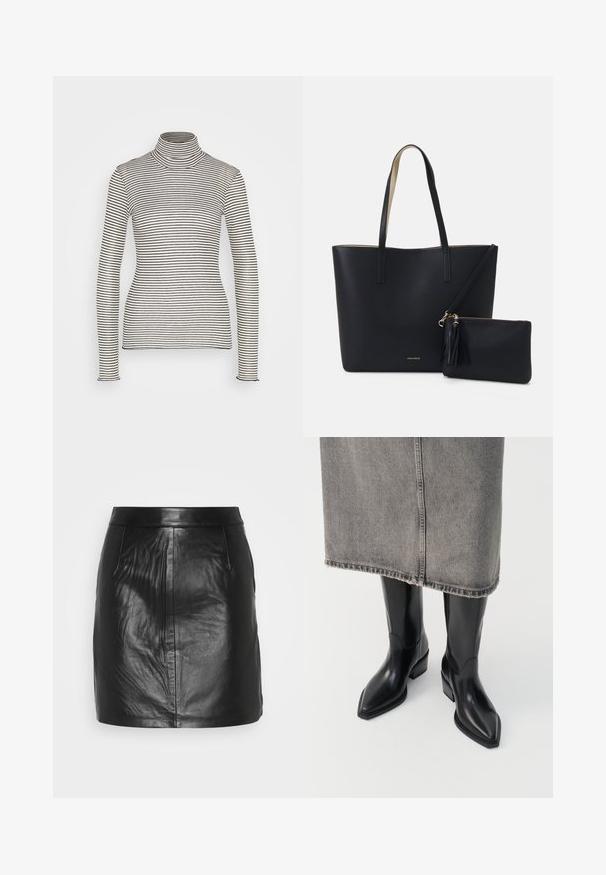 Anna Field Pikkade varrukatega topp - beige/black; Mustmust mustreõi mustri fermipind, mugav siluett, kaks külgmist taskut ja nähtamatu riidest vöökoht.; Mustast nahk Cowboy saapad terava varbaga ja jämeda kontsaga, millel on sile viimistlus ja stiilne disain, on kombineeritud halli seelikuga.; Must musta kotikott tekstureeritud materjaliga, kahe pika käepideme ja eemaldatava lukkpöksiga, millel on tegemist pomponiga. Näha on kuldne kaubamärgi logo.