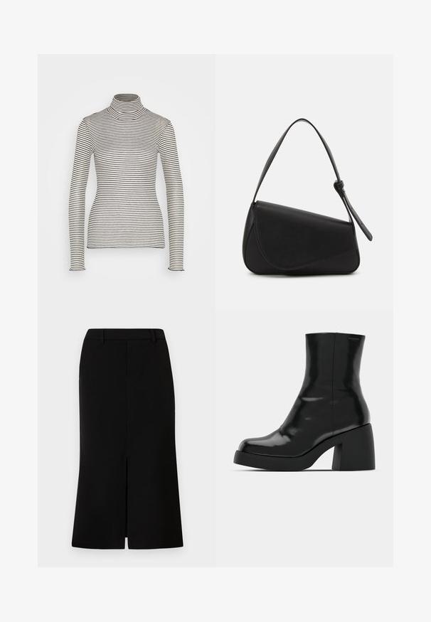 Anna Field by Zalando Langærmet T-shirt - beige/black; Sort knælang nederdel med en lige silhuet, der har en frontslids, glat tekstur og skræddersyet talje.; Sorte ankelstøvler med en blank finish, firkantet tå og en tyk blokhæl. Designet har en strømlinet silhuet og minimal branding.; Sort læderhåndtaske med en triangular form, skrå klap og et rundt håndtag. Har en glat overflade og minimalistiske design detaljer.