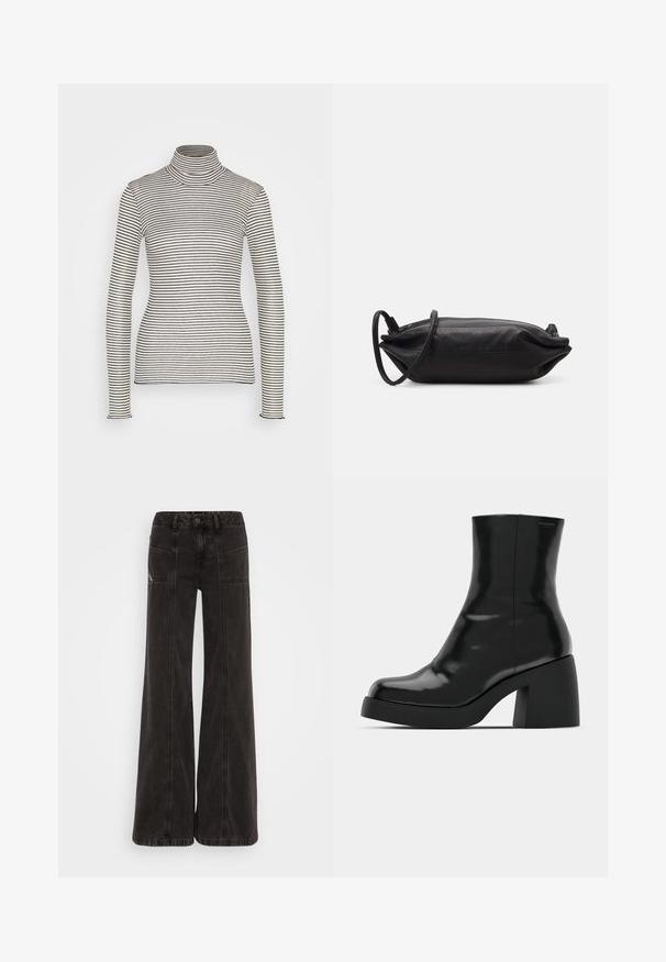 Anna Field by Zalando T-shirt à manches longues - beige/black; Jeans noirs à jambe large en denim, avec une taille haute, des poches avant et des coutures ton sur ton le long des coutures.; Bottines noires à finition brillante, bout carré et épais talon bloc. Le design présente une silhouette homogène et un branding minimal.; Pochette en cuir noir de forme rectangulaire, texture lisse, fine bandoulière et design minimaliste.