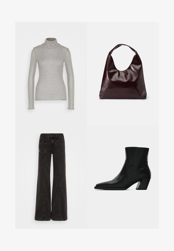Anna Field by Zalando Langærmet T-shirt - beige/black; Sorte vide ben jeans lavet af denim, med høj talje, frontlommer og tonet syninger langs sømmene.; Sortlæder ankelstøvle med spids tå, en slank silhuet og en kraftig firkantet hæl. Glat tekstur med minimale stikninger.; Bordeaux, skinnende vegansk læder tote taske med en blød, skulpturel form og et bredt, buet håndtag for nem bæring.