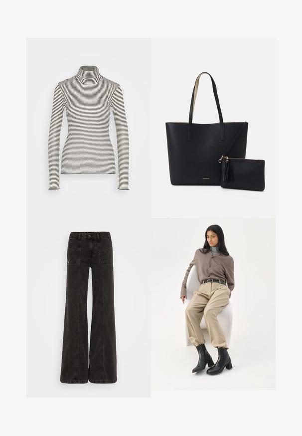 Anna Field by Zalando Μπλούζα με μακριά μανίκια - beige/black; Μαύρα τζιν παντελόνια από denim, με φαρδύ μπροστινό μέρος, ψηλή μέση, μπροστινές τσέπες και τονική ραφή κατά μήκος των ραφών.; Γυναίκα με μακριά μαύρα μαλλιά ακουμπά σε μια λευκή καμπυλωτή καρέκλα, φοράει μπλούζα ταούπ, μπεζ παντελόνι, μαύρη ζώνη και μαύρα μποτάκια με τακούνι.; Μαύρη τσάντα tote από υλικό με υφή, με δύο μακριές λαβές και αποσπώμενη τσέπη με φερμουάρ που διαθέτει λεπτομέρεια με τακούνι. Ο χρυσός λογότυπος της μάρκας είναι ορατός.