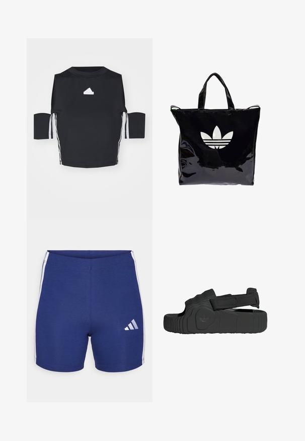 Sort kortærmet atletisk skjorte lavet af glat stof, med hvidt Adidas-logo og tre hvide striber langs siderne.; Mørkeblå sportsshorts lavet af strækbart stof med hvide sidestriber og et reflekterende Adidas-logo på venstre ben.; Sorte sandaler lavet af struktureret gummi med en bred rem og justerbar velcro-lukning. Har en mønstret sål og mærke-logo detalje.; Sort patent læder tote bag med to håndtag, der har et stort, hvidt Adidas-logo og tre vandrette striber på forsiden.