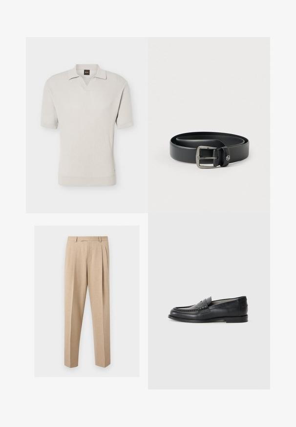 Lichtbeige gebreid poloshirt met korte mouwen, V-halskraag en geribbelde zoom, met label "BOSS" aan de binnenkant van de halslijn.; Beige op maat gemaakte broek met voorplooien, riemlussen en rechte pijpen, getoond tegen een effen lichte achtergrond.; Zwarte leren instappers met een gladde afwerking, ronde neus, decoratieve band en minimalistisch ontwerp. Heeft een lage blokhak.; Zwarte leren riem met een glanzende zilveren metalen gesp, gladde textuur en gestikte randen. Voorzien van een lus om het uiteinde van de riem vast te zetten.
