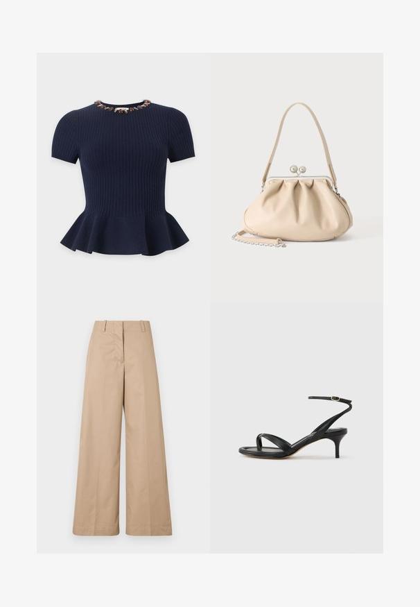 Top azul marino de manga corta acanalado con bajo de peplum y adornos de cuentas alrededor del escote redondo.; Pantalones de pierna ancha en color beige, confeccionados con una suave tela de algodón, que cuentan con una cintura entallada y un frente liso, diseñados para un ajuste relajado y líneas limpias.; Sandalia negra de cuero para mujer con tiras finas, un lazo para el dedo del pie, hebilla en el tobillo y tacón de aguja de altura media sobre un fondo neutro.; Bolso de mano de cuero suave beige con cierre de marco metálico plateado, una correa para el hombro y una correa de cadena opcional sobre un fondo blanco.