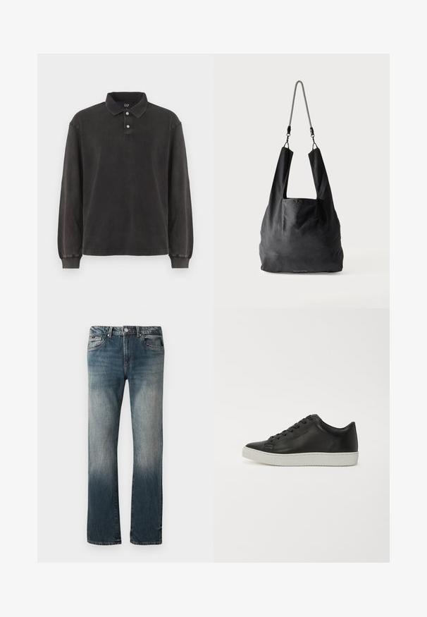 Langarm-Polohemd aus dunkelgrauem Stoff, mit klassischem Kragen, Drei-Knopf-Leiste und gerippten Bündchen. Weicher Stoff mit minimalistischem Design.; Herrliche gerade geschnittene blaue Denim-Jeans mit ausgewaschenem Effekt und Fünf-Taschen-Design auf weißem Hintergrund.; Schwarze Leder-Sneaker mit runder Spitze, flacher weißer Gummisohle und einer Schnürung mit sechs Ösen. Glatte Textur, minimalistischer Stil.; Schwarze weiche Stofftragetasche mit breiten Griffen und einem dünnen schwarz-weißen geflochtenen Schulterriemen.