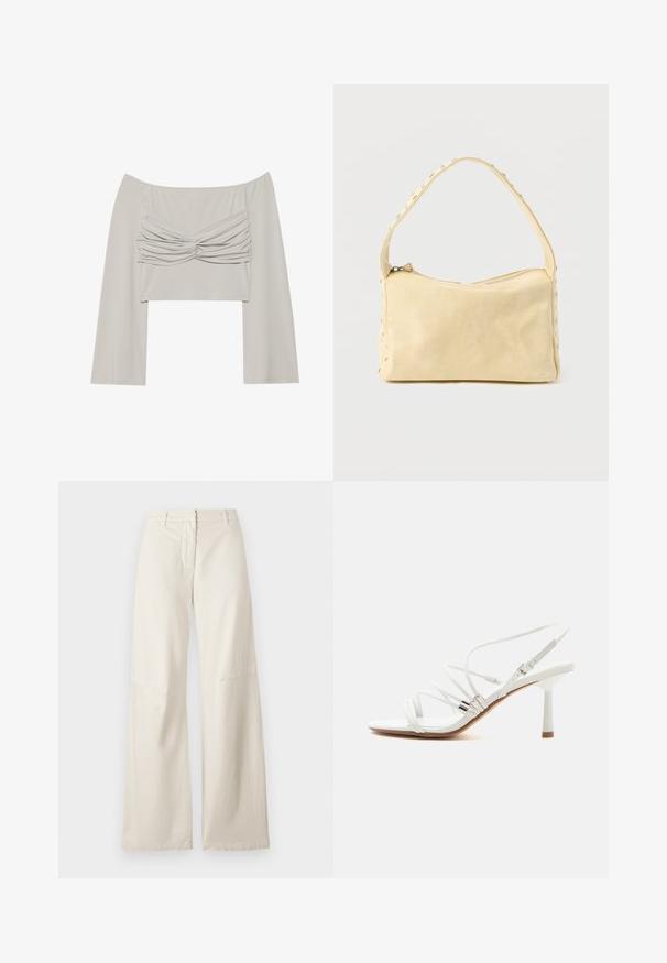 Top off-the-shoulder en gris claro, con un detalle fruncido en la parte delantera, mangas largas y fabricado en una tela suave y elástica.; Pantalones de pierna ancha en una tela de algodón color crema. Presentan una cintura alta, un diseño estructurado y detalles de costura mínimos. Parte delantera plana con bolsillos.; Sandalia blanca de tacón alto con tiras finas, detalles plateados, puntera cuadrada y un tacón delgado de altura media sobre un fondo blanco liso.; Pequeño bolso de cuero beige con una sola correa y tachuelas plateadas a lo largo de los bordes y la correa, sobre un fondo liso.