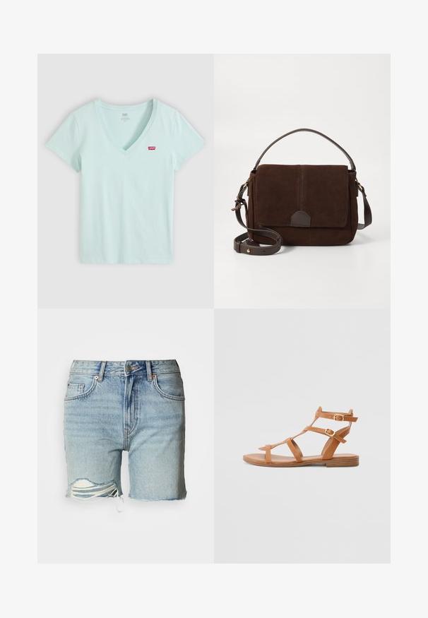Svetlomodré tričko s krátkym rukávom a výstrihom do V, s malým červeným logom Levi's na ľavej strane hrudníka, položené na bielom pozadí.; Svetlomodré rifľové šortky s opraným lemom, efektom opotrebovania a viditeľnými bielymi niťami na reze. Klasický dizajn s piatimi vreckami.; Hnedé kožené sandále s viacerými pruhmi, do výšky členka, a dvoma nastaviteľnými prackami, s plochou podrážkou a minimalistickým dizajnom.; Hnedá semišová taška cez plece s plochým predným klapom, hnedými koženými akcentmi, nastaviteľným popruhom a minimalistickým dizajnom.