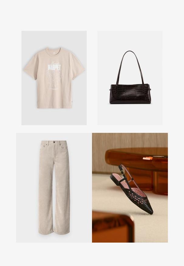 Beiges T-Shirt mit kurzen Ärmeln, weißer Blumenlinienzeichnung und dem Text „flower MARKET“ auf der Vorderseite. Rundhalsausschnitt und entspannte Passform.; Beige Kordhose im Weitschnitt mit vertikalen Streifen, ausgestattet mit einem Knopfverschluss und frontalen Taschen. Weicher, strukturierten Stoff in lockerer Passform.; Schwarzer spitzer Slingback-Flachschuh mit geometrischen Aussparungen und rosa Innensohle, schwebend über beigem Teppich und in der Nähe von bernsteinfarbenen, durchscheinenden Möbeln.; Rechteckige dunkelbraune Handtasche mit geprägt krokodilähnlicher Struktur und zwei dünnen Schulterriemen vor einfarbigem Hintergrund.