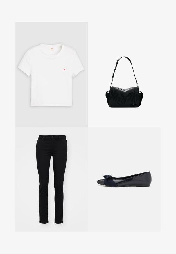 Valge, lühikeste varrukatega puuvillane T-särk soonilise tekstuuriga. Vasakul rinnal on väike punane "LEVI'S" logo.; Mustad slim-fit teksapüksid, millel on nööp- ja luku sulgumine, esist taskut ja vööaasad, ühel taustal.; Tumed ballet-sandaalid läikiva lakknahast viimistlusega, tekstuurse seemisnahast lipsu detailiga varbakohas, ümmarguse varba ja tasase tallaga.; Must õlakott lilleornamendiga, ahel- ja nahkrihmaga ning ees alumises paremas nurgas väike valge "desigual" logo.
