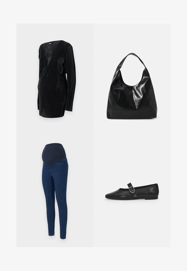 Schwarzes, langärmeliges Stilloberteil aus gerippter Textur, mit einem tiefen V-Ausschnitt und einem gerafften Taillen-Design für eine bequeme Passform.; Schwangerschaftsjeans aus dunkelblauem Denim, mit einem dehnbaren, dunklen Bund und einem schmalen Schnitt mit Taschen.; Schwarzer Lederflatschuh mit runder Zehenform, einem verstellbaren Schnallenriemen und einer glatten, glänzenden Oberfläche. Minimalistisches Design mit einem niedrigen Absatz.; Schwarze Leder-Hobo-Tasche mit einer weichen, glänzenden Textur und einem runden, offenen Oberteil. Verfügt über einen breiten, gebogenen Tragegurt. Keine sichtbaren Beschläge.
