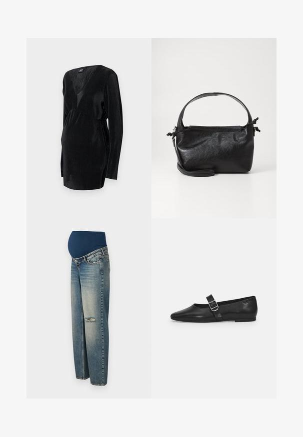 Musthave, mustaega rihmedega must top, mis on pikkade varrukatega, sügava V-kujulise kaelusega ja kogutud vöökoht, tagades mugava istuvuse.; Rasedusjeansid tummise sinise, veniva vöötiga ja heledast sinisest kulunud denimist. Ühel põlvel on rebenenud detail.; Must värvi nahast tasased kingad ümarate varvastega, ühe reguleeritava paelaga ja siledat, läikivat pinda. Minimalistlik disain madala kontsaga.; Must mustrikujundusega must nahast käekott, ümarate pealmiste käepidemete ja eemaldatava õlalihaga. Omab siledat tekstuuri ja peent sära.