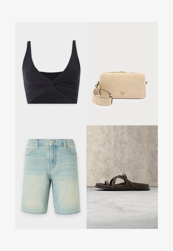 Zwart cropped top met brede schouderbanden en een gedraaide knoopdetail in het midden vooraan, weergegeven op een witte achtergrond.; Lichtblauwe denim shorts met een vervaagde afwerking, voorzien van een vijf-pocket design, zichtbare stiksels en een metalen knoopsluiting bij de tailleband.; Bruine leren slidesandaal met gekruiste bandjes en gouden "Furla"-opdruk, zwevend boven een beige tapijt nabij een amberkleurige ronde tafelpoot.; Beige suède tas met een gladde textuur, rechthoekige vorm, ritssluiting en gouden hardware accenten. Voorzien van een afneembare band met gaatjes.